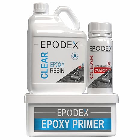 EPODEX Countertop & Table Top Epoxy Resin Kit, Epoxy Countertop Kit for Kitchen Counters, Tables & Bar Tops with Crystal-Clear Finish - Clear Kit - With Gray PRIMER - 16sqft (1.05gal)
