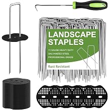 101Pcs Garden Stakes & Landscape Staples Kit: 50Pcs U-Shaped Staples & 50Pcs Fixing Gaskets with 1Pc Pick Hook for Weed Barrier, Ground Cover, Fence, Artificial Turf
