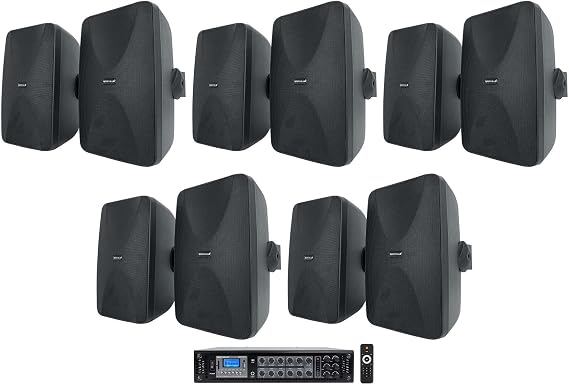 Rockville RCS350-6 6-Zone Commercial Bluetooth Amp, 10 WET-6525B Speakers | 350W 70V/100V, Bluetooth, Zone Volume Controls, 10 Black 6.5" IPX55 Wall Speakers, 30W/15W/7.5W/3.75W Taps, 11-Items