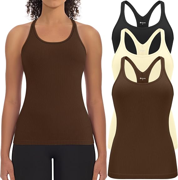 3 Pack Workout Tank Tops for Women with Built in Bra Ribbed