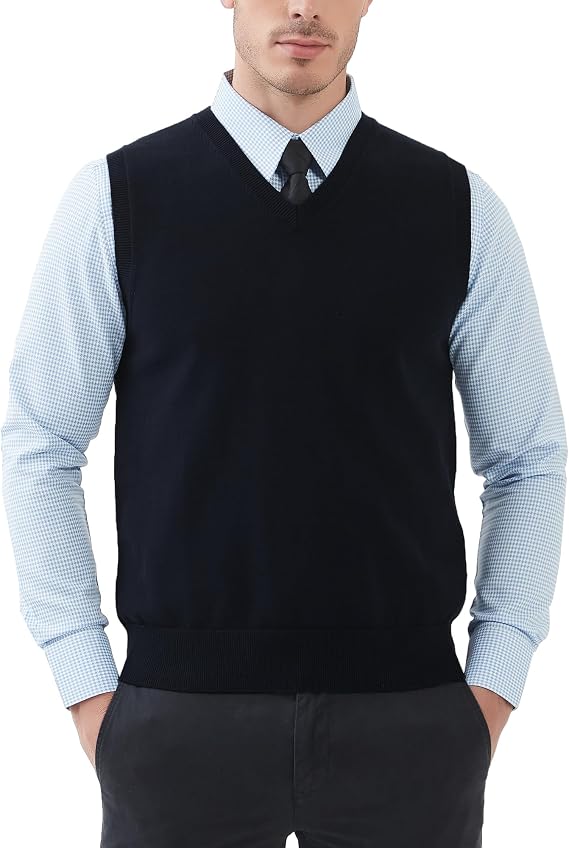 Kallspin Men's 100% Cotton Sweater Vest V Neck Regular Fit Knit Sleeveless Pullover Sweater