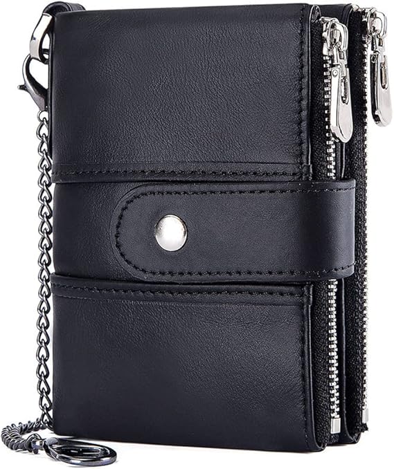 Genuine Leather Wallet RFID Blocking Ladies Purse with Chain Credit Card Holder Multi Compartment Wallet Coin Purse Women Change Pouch Black
