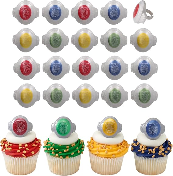 DecoPac Harry PotterTM Rings, 24 HogwartsTM Houses Cupcake Decorations Featuring Gryffindor, Slytherin, Ravenclaw, and Hufflepuff, Cake Toppers For Birthday, Party, Celebrations - 24 Pack