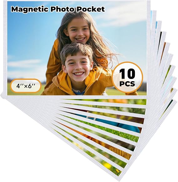 Magnetic Picture Frames for Refrigerator 4x6, 10 Pack White | Includes 10 reusable magnetic frames for standard 4x6 photos with full magnetic backing for refrigerators and lockers.