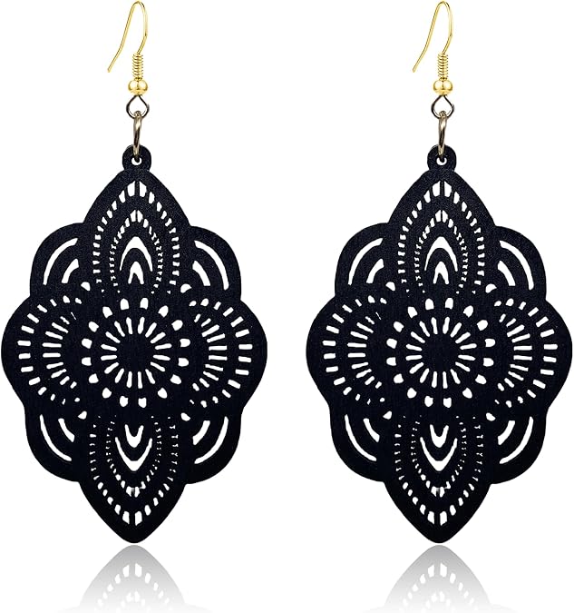 KaFu Bohemian Wood Earrings for Women Handmade Vintage Geometric Hollow Wooden Dangle Earrings Lightweight African Ethnic Statement Earrings Jewelry