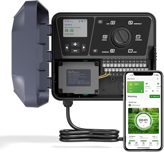 Outdoor Smart Sprinklers Controller 2.4GHz WiFi, Irrigation Controller Easy Use App Enabled, 16 Zones + 16 Plans, Save Water Auto Skip Rain, Freeze & Wind, 10 Minutes Install