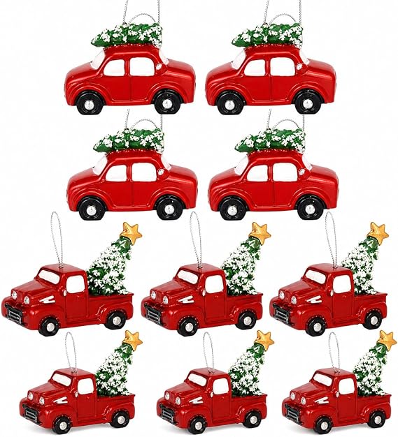 Red Truck Christmas Ornaments - Set of 10 Vintage Vehicles with Christmas Trees - 6 Pickup Trucks and 4 Classic Cars - Mini Holiday Decorations for Trees, Wreaths, Crafts and DIY Decor - 2" x 1.5"