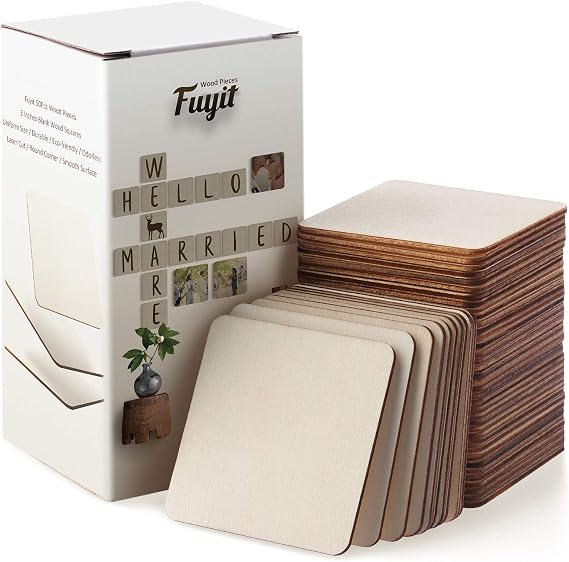 Fuyit Unfinished Wood Pieces, Blank Wooden Squares for Crafts