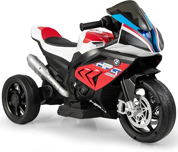 GOPLUS 6V BMW Children's Electric Motorcycle Children's Motorcycle with Music & Headlights for 3-8 Years 3 km/h Children's Vehicle with 3 Wheels & Foot Pedal Children's Tricycle up to 30 kg Load Capacity (Red)