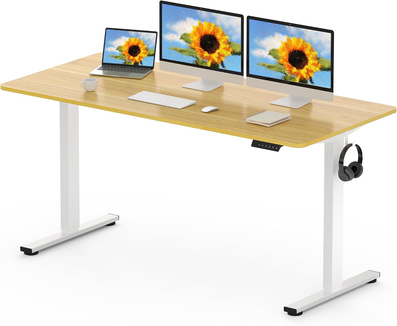 FLEXISPOT 160 x 80cm Electric Standing Desk ONE PIECE Height Adjustable Desk Sit Stand Desk with 4 Memory Smart Panel and Backpack Hook for Home Office, White FrameMaple Desktop