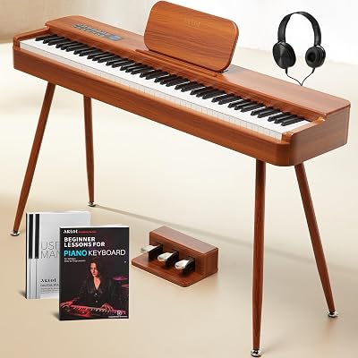 AKLOT 88-Key Weighted Keyboard Piano: Graded Hammer Action Digital Piano with Touchscreen, 128 Tones, Upright Electric Piano, Triple Pedal, Headphone, USB-MIDI, Beginner Lesson Book AUR-LS01 Natural