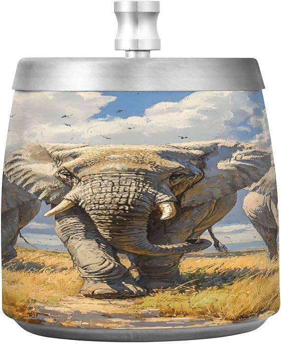 ALAZA Elephant African Landscape Ashtray with Lid Stainless Steel Smokeless Odorless Ash Tray for Home Office Balcony Outdoor Decoration