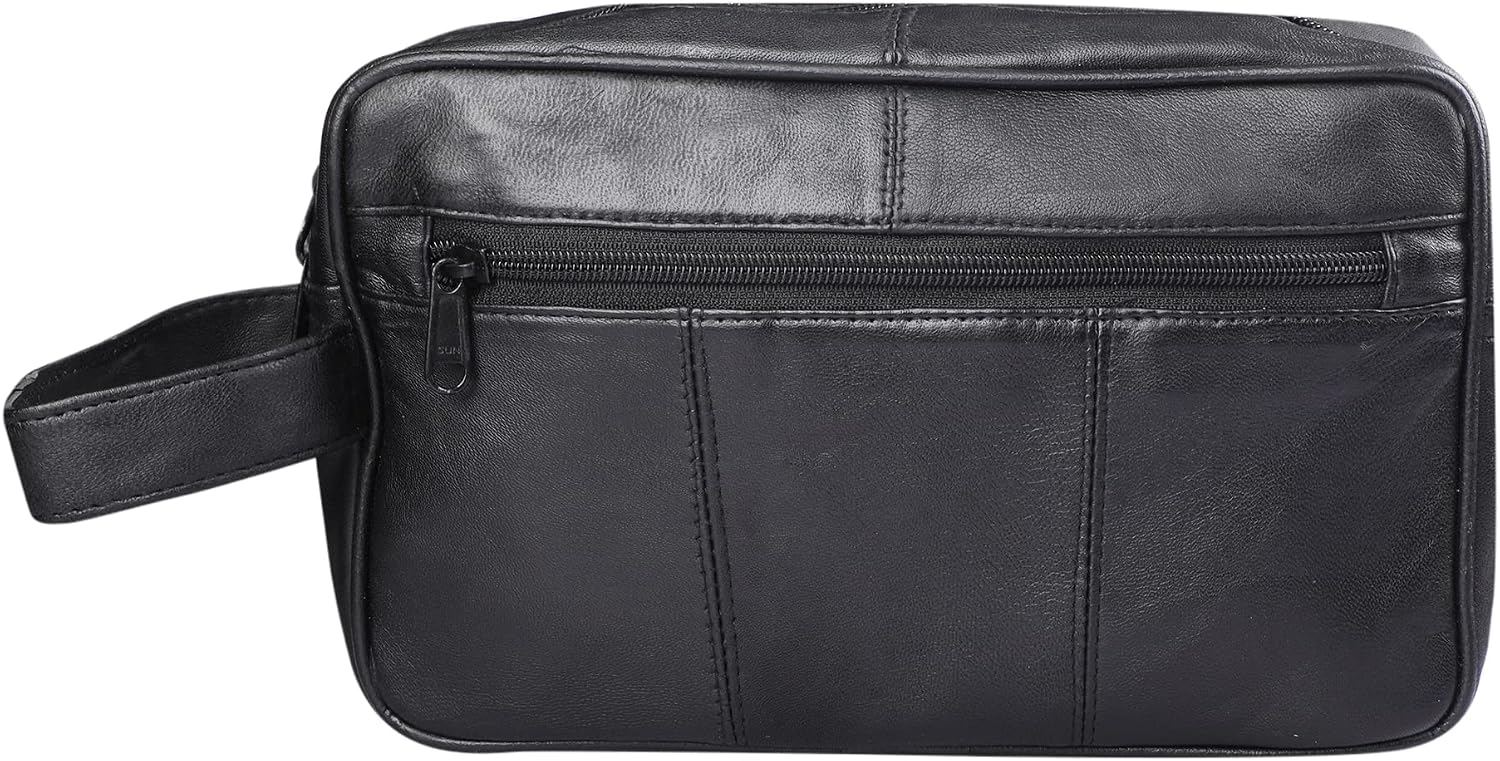 MEN'S GENUINE LEATHER TRAVEL WASH GYM TOILETRY BAG BLACK - 3510