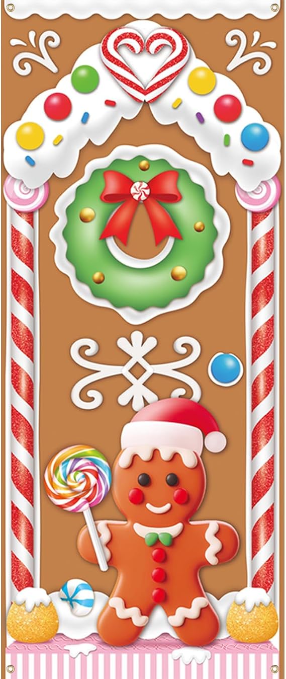 Christmas Gingerbread House Door Cover for Candyland Party Decorations