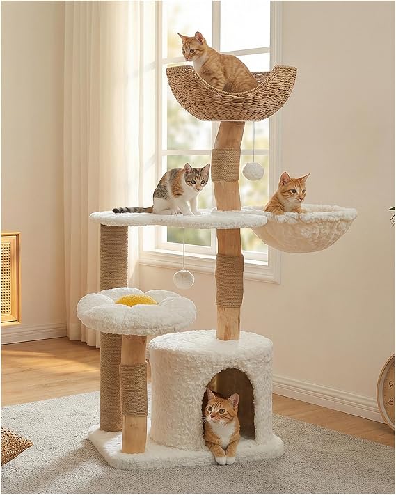 PEQULTI Modern Cat Tree for Large Cats, 48.5in Tower with Flower Bed, White