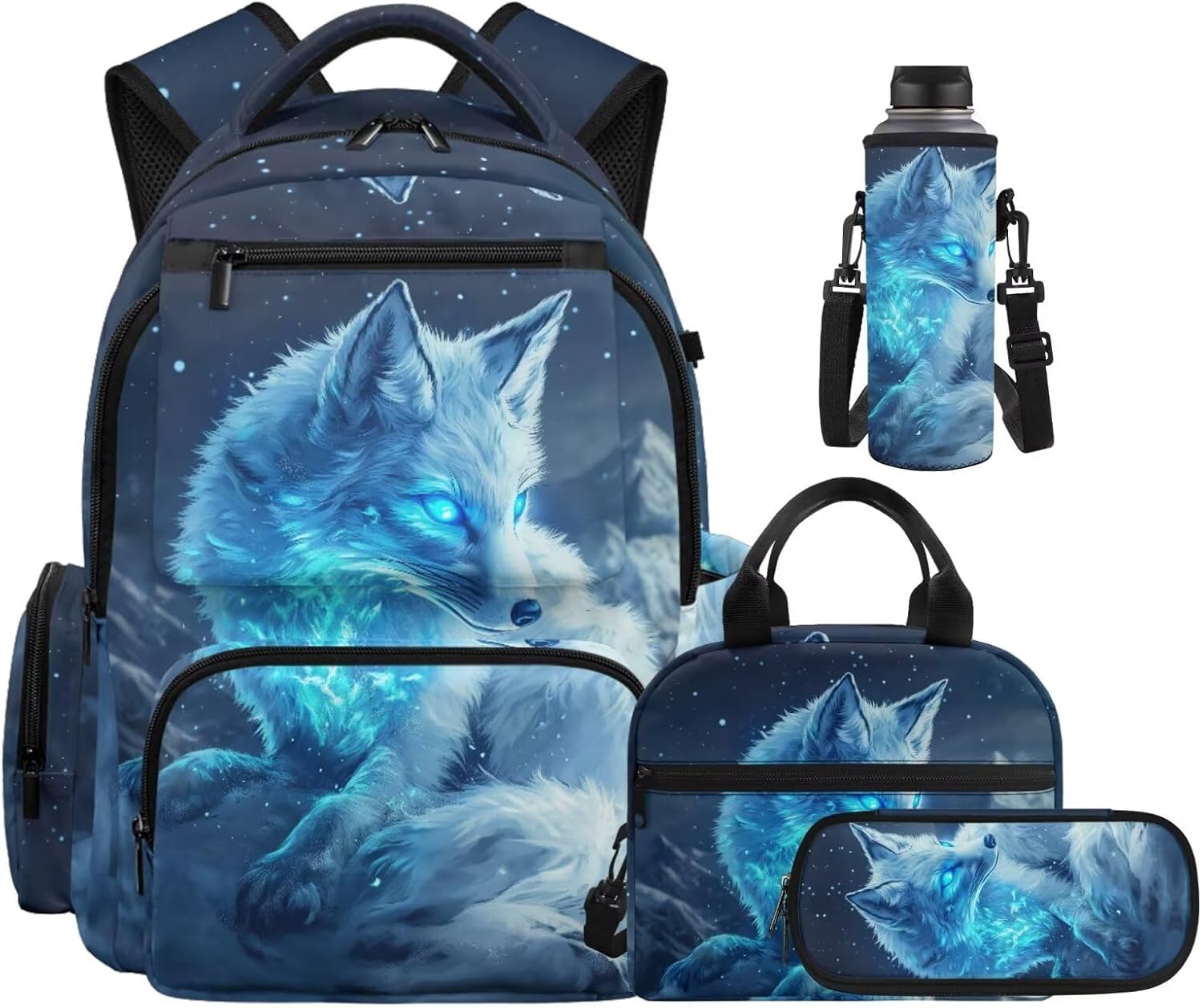 Foxes Backpack for School Teens Girls Bookbag with Lunch Box Pencil Case and Water Bottle Sleeve 4-in-1 Aesthetic Girl School Backpack with Side Pockets 17 inch Students Shoulder Bag