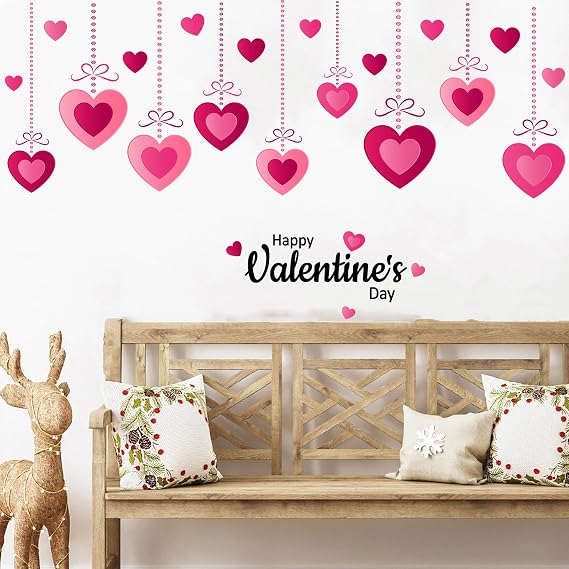 Rose Pink Valentines Day Wall Decals Hanging Heart Peel and Stick Stickers, Romantic Love Wall Decor for Living Room, Bedroom or Valentine Party Decorations