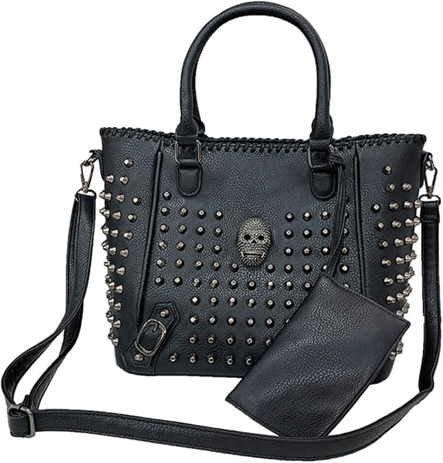 Women Skull Tote Bag Rivet Studded Handbag PU Leather Purse Large Gothic Shoulder Bag 2 Pcs Wallet Strap Black