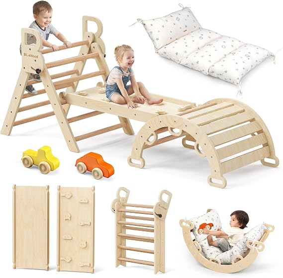 BlueWood Pikler トライアングルセット クッション付き - 幼児向けクライミングおもちゃ 9イン1 モンテッソーリ哲学 遊びジャングルジム アーチ/スロープ/はしご付き ナチュラルカラー