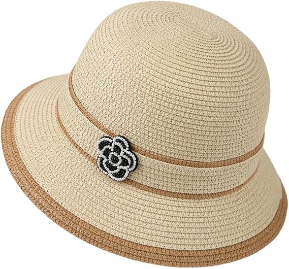 Women Straw Cloche Hat with Floral Accent Wide Brim Summer Sun Hat Elegant Vintage Look for Garden Travel Outdoor