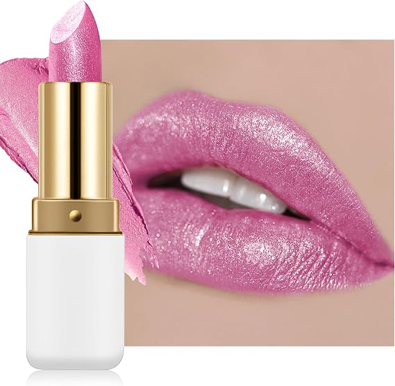 Hot Pink Frosted Shimmer Lipstick,Metallic Glitter Lip Tint Gloss for Women