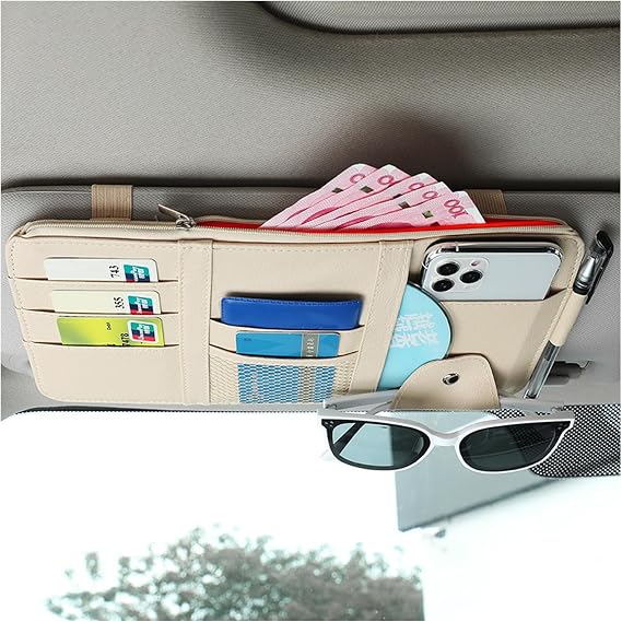 Augeny Car Sun Visor Organizer, Leather Personal Belonging Storage Pouch with Zipper, Car Visor Storage Pouch Sunglasses Holder, Auto Interior Accessories Pocket Organizers (Beige)