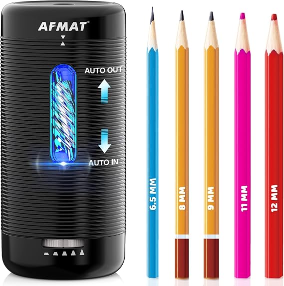 AFMAT Electric Pencil Sharpener, Fully Automatic Pencil Sharpener, Auto in & Out, Rechargeable Hands-Free Sharpeners for Jumbo & Colored Pencils (6.5-12mm), Portable for Home/Classroom/Office PSC2