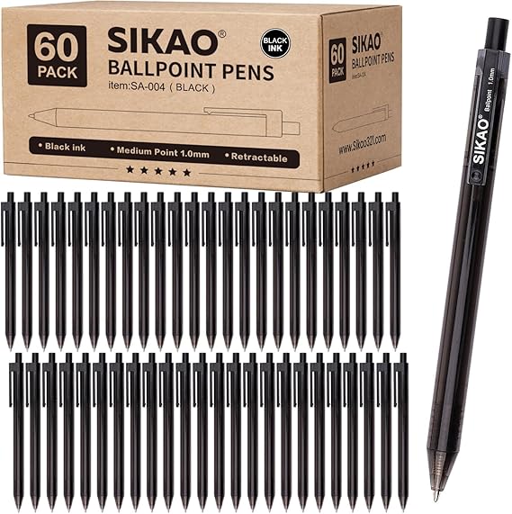 Black Pens | 60 Pack Retractable Ballpoint Pens Multipack | Black Ink Medium Point 1.0mm | Smooth Writing Ball Point | School Office Supplies, Box of Pens Bulk (Black Ink)