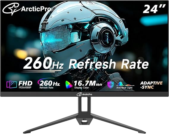 ArcticPro 24 Inch Gmaing Monitor, 260Hz 240Hz Monitor, FHD, Adaptive Sync | 1080p Computer Monitor, HDMI, DP Ports, VESA, 120% sRGB, 3-Sided Frameless, Ultra Slim, Enhanced Eye Care, 3000:1 Contrast