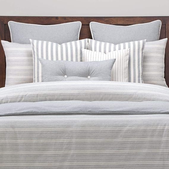 6 Piece Farmhouse Down Alt Duvet Comforter Set King, Classic Stripes Modern Contemporary Elegant Luxury Grey White Bedding Warm Soft Cozy Comfy Cotton Blend Microfiber