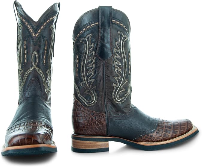 Soto Boots Men's Saddle Vamp Gator Belly Print Cowboy Boots H50039 (Brown,7.5)