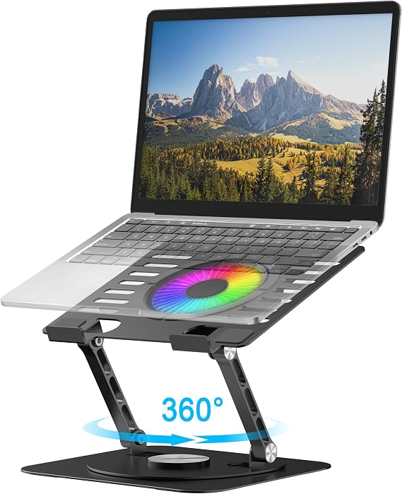 Laptop Stand,with 360Rotating Base,External Cooling Fan,Adjustable RGB Lighting,Ergonomic Foldable Notebook Computer Holder.Compatible with All 10-17" Laptops Tablets,Black