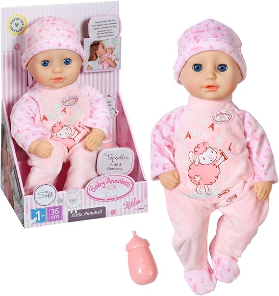 Baby Annabell - Zapf Creation 709870 Little Annabell 36 cm-white puppe mit Stoffkorper, Rosa Strampler, Blaue Schlafaugen und Flaschchen