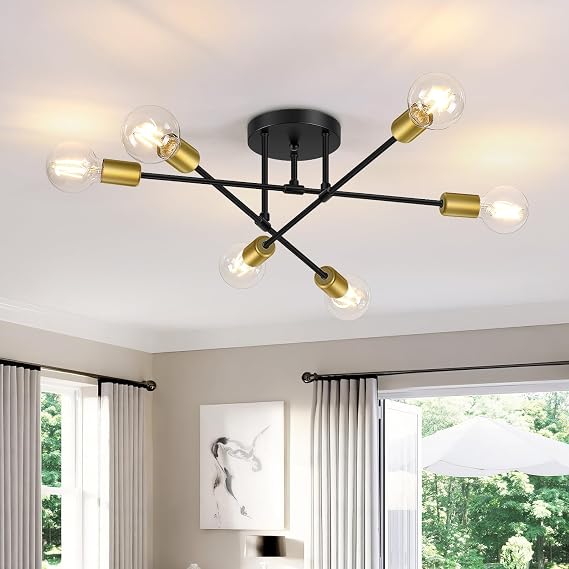 Modern Semi Flush Mount Ceiling Light, 6-Lights Sputnik Chandelier for Bedroom Lighting, Industrial Kitchen Light Fixture Ceiling Mount for Dining Room Hallway Living Room(Black with Gold) [Energy Class A]