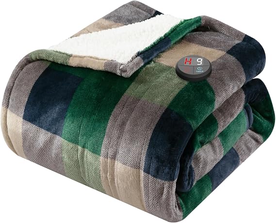 GOTCOZY Heated Blanket 50"x60"- Cozy Warm Electric Throw(Check GreenBlue)