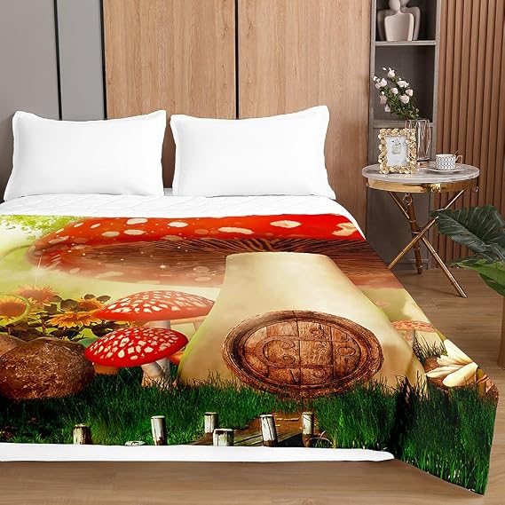 Highdi Reversible Bed Throws Quilted Bedspreads, Floral Mushroom Lightweight Patchwork Quilt Comforter Single Double, Cotton Throw Summer Quilt,Quilted Blanket for Seasons (Mushroom 2,100x150cm)
