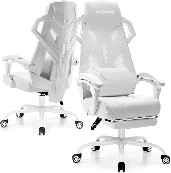 GTPLAYER Gaming Chair, Pure White, Fatigue-Resistant, PC Desk, Computer, Chair, with Ottoman, Telework, Reclining, High Back, Office Chair, "Work Gaming Chair", Gaming, Footrest, High Back/Perforated