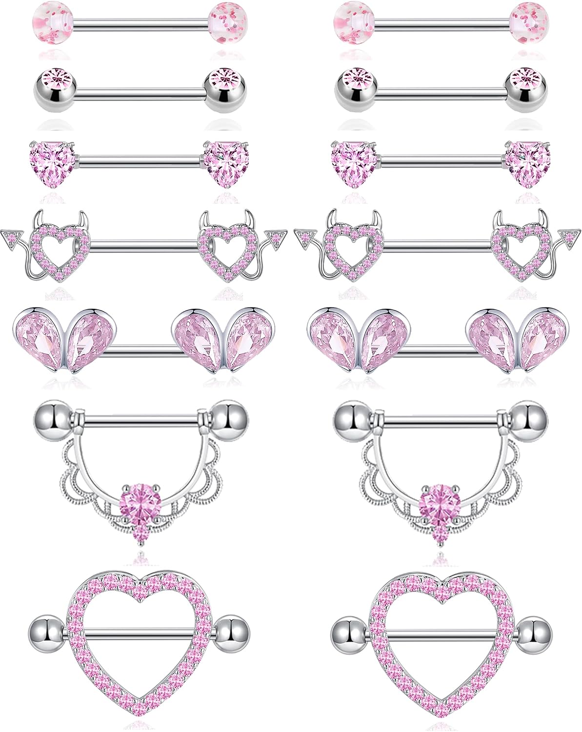 7 Pairs Nipple Rings for Women 14G Stainless Steel Pink CZ Heart Devil Acrylic Ball Straight Barbell Nipple Bars Tongue Rings Set Cute Nipplerings Piercing Jewelry Sliver Tone