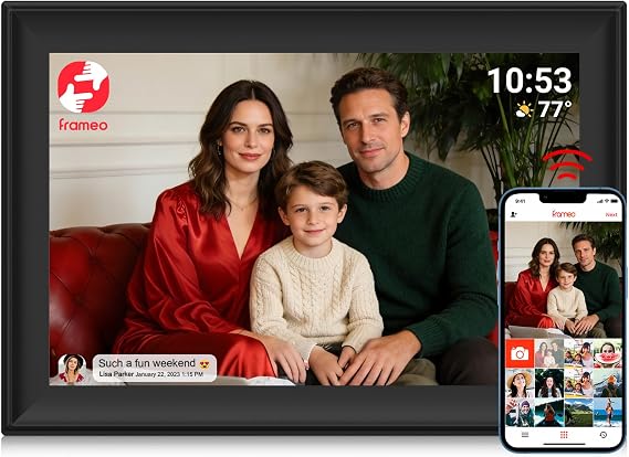 FRAMEO 10.1 inch Digital Photo Frame WiFi HD IPS Touch Screen Digital Picture Frame Expandable Storage via USB or SD Card, Easy Setup Share Photo or Video via Frameo APP, gift for Dad