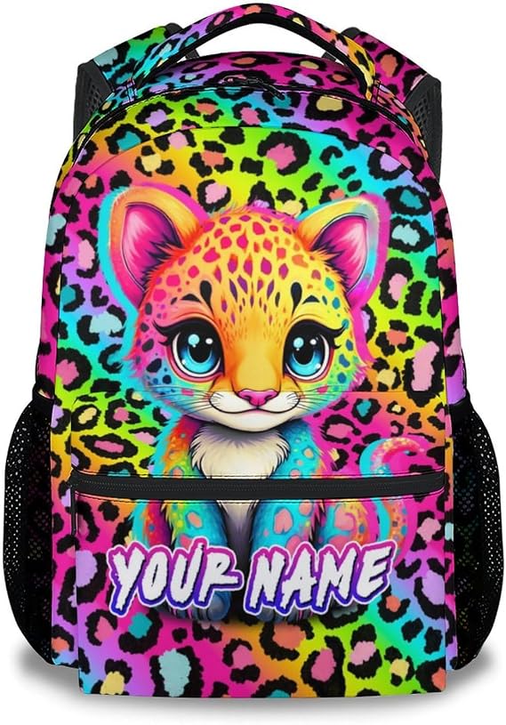 Personalised Name Leopard Cheetah Print Rucksack - 17 Inch Large Capacity Lightweight Cute School Bookbag for Girls Children Age 6-12 Years
