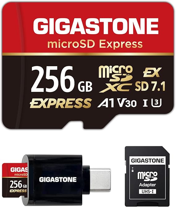 Designed for Switch 2GIGASTONE 256GB microSD Express R/W 880/650MB/s SDXC Memory Card SD 2.0 3.0 5.0 7.1 UHS-I UHS-II, Action Camera Drone V30 U3, SD Adapter and USB-C Reader 5-Years Data Recovery