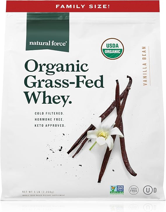 Natural Force Grass Fed Organic Whey Protein Powder Non GMO Verified, Humane Certified & Lab Tested for Toxins Real Vanilla Flavor Keto Friendly, Low Carb, and Kosher 5 Pound A2 Protein