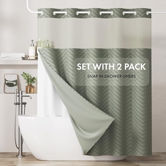 Bathway No Hook Shower Curtain and 2 Pack Fabric Liner Set for Replacement, Sage Green Snap in Shower Curtains Chevron Tufted Water Resistant with Through Mesh Top Window for Bathroom Hotel 72" x 84"