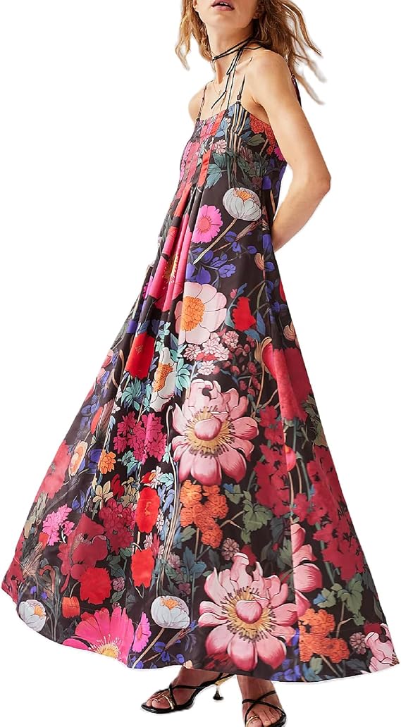 Amiblvowa Women Floral Maxi Dress Spaghetti Strap Flower Long Flowy Dress
