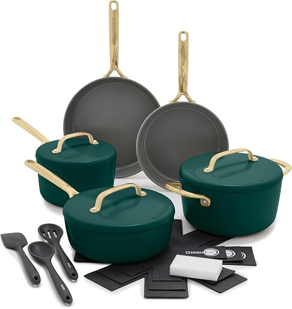 GreenPan GP5 Hard Anodized Healthy Ceramic Nonstick 14 Piece Cookware Pots and Pans Set, Induction, PFAS-Free, Heavy Gauge Stay-Flat Surface, Champagne Handles, Oven Safe, Rainforest Green