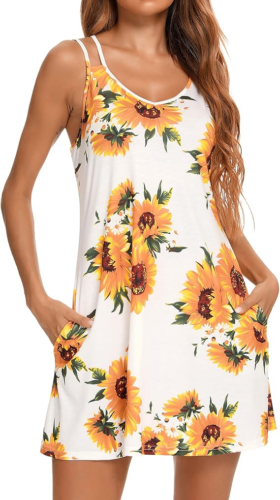 Women's Nightgown Print Nightshirt Tank Sleep Dress Plus Size Sleepwear With Pockets White
