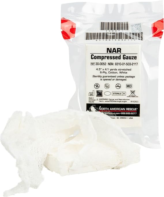 North American Rescue Compressed Gauze (Rolled) NAR Compact Crinkle Cotton Gauze Compression Bandage for Wounds, Injuries (30-0052)