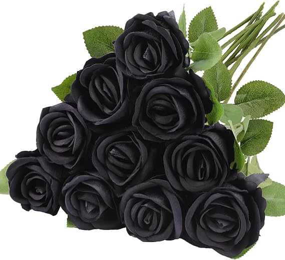 12 Pcs Black Artificial Roses, Single Stem Realistic Silk Rose Bouquet, DIY Decoration for Home, Living Room, Garden, Wedding, Party
