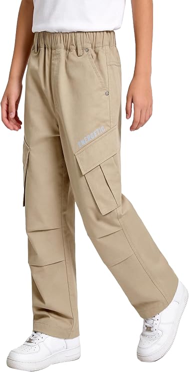 Rolanko Boys Baggy Cargo Pants with Pockets Loose Hiking Pants Elastic Cargo Jogger Trousers for Outdoor Casual School 6-15Y