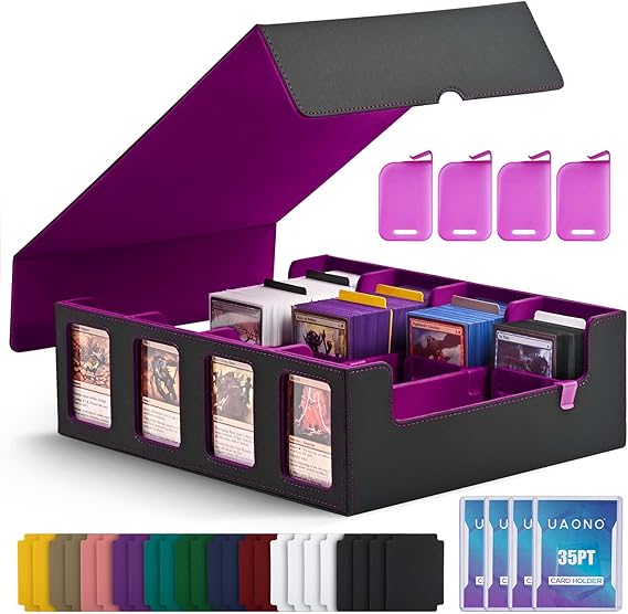 UAONO Trading Card Storage Box for Commander Display, 2400+ MTG Deck Box with 4 Top Loader, TCG Card Case fits Magic PTCG Sports Cards(Black&Purple)